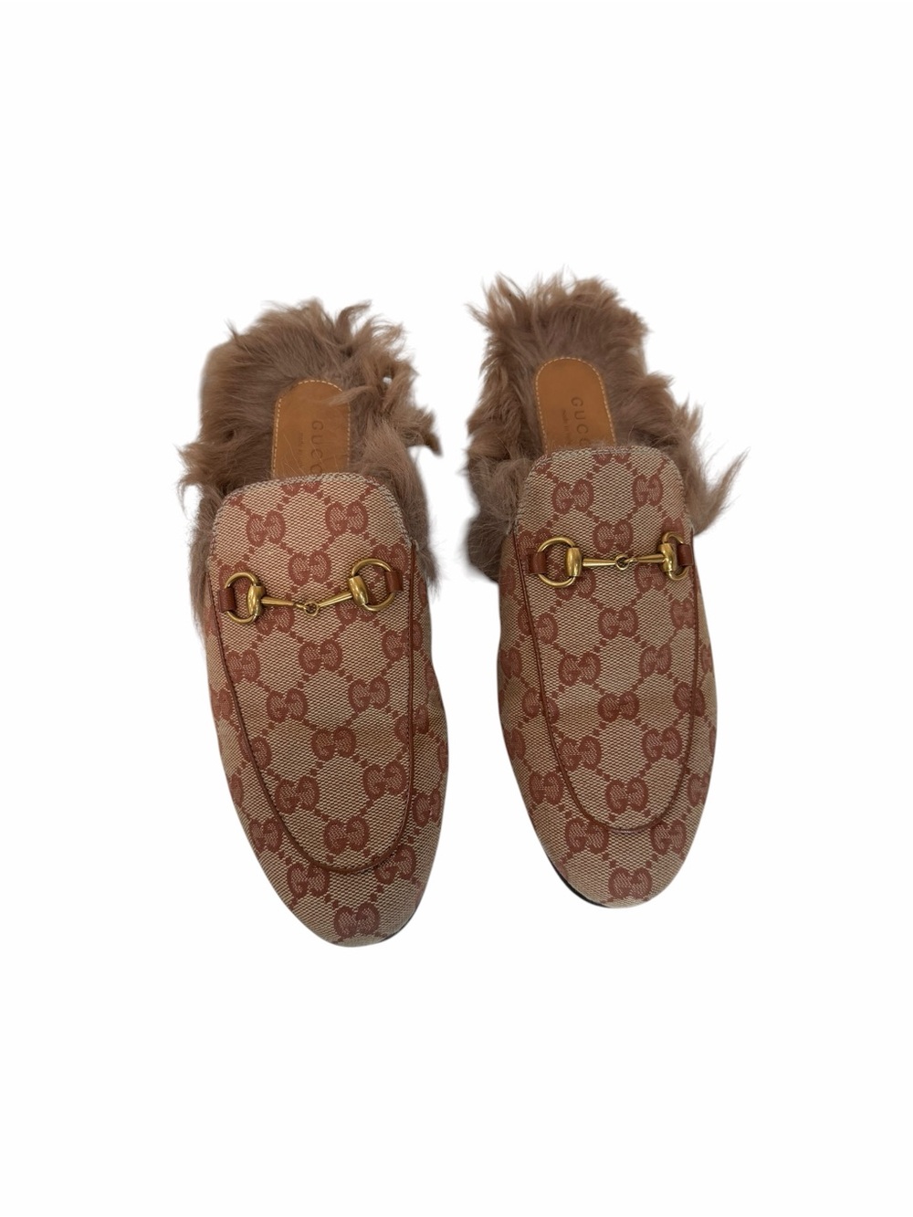 Gucci GG Monogram Canvas Fur Lined Princetown Horsebit Mules